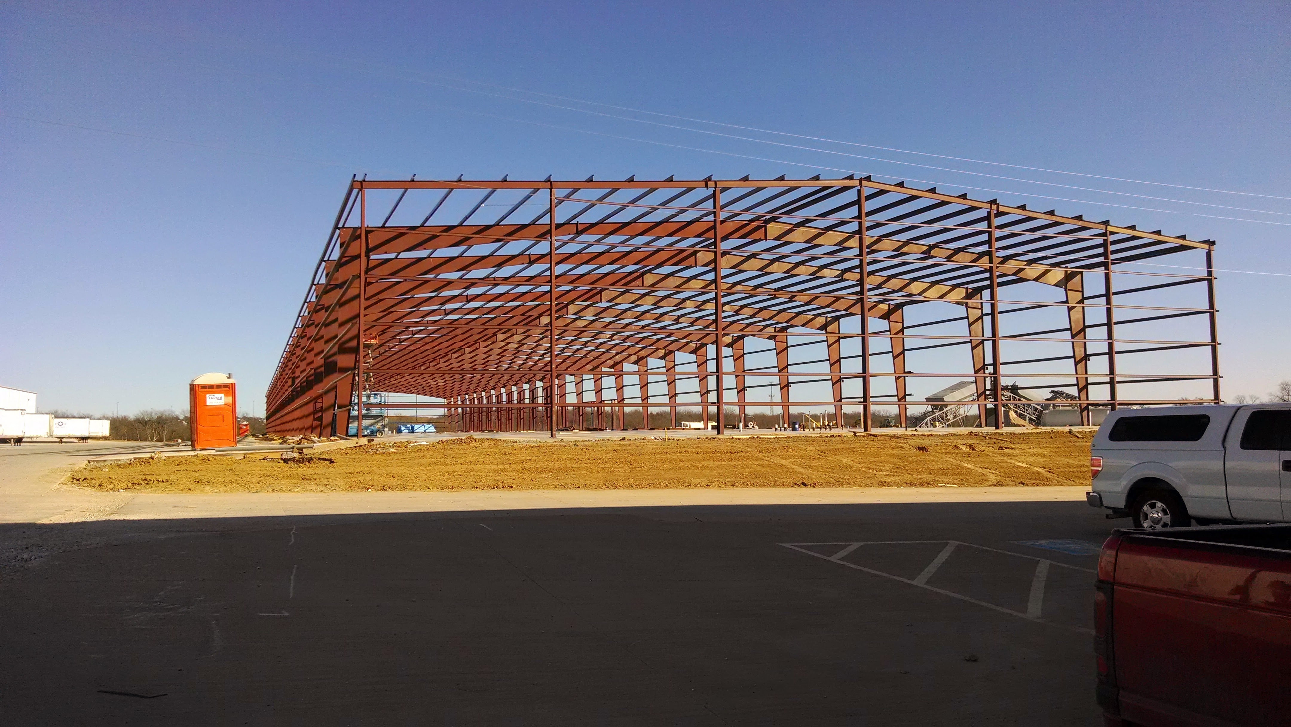 Large warehouse steel frame under construction in Denton, Texas