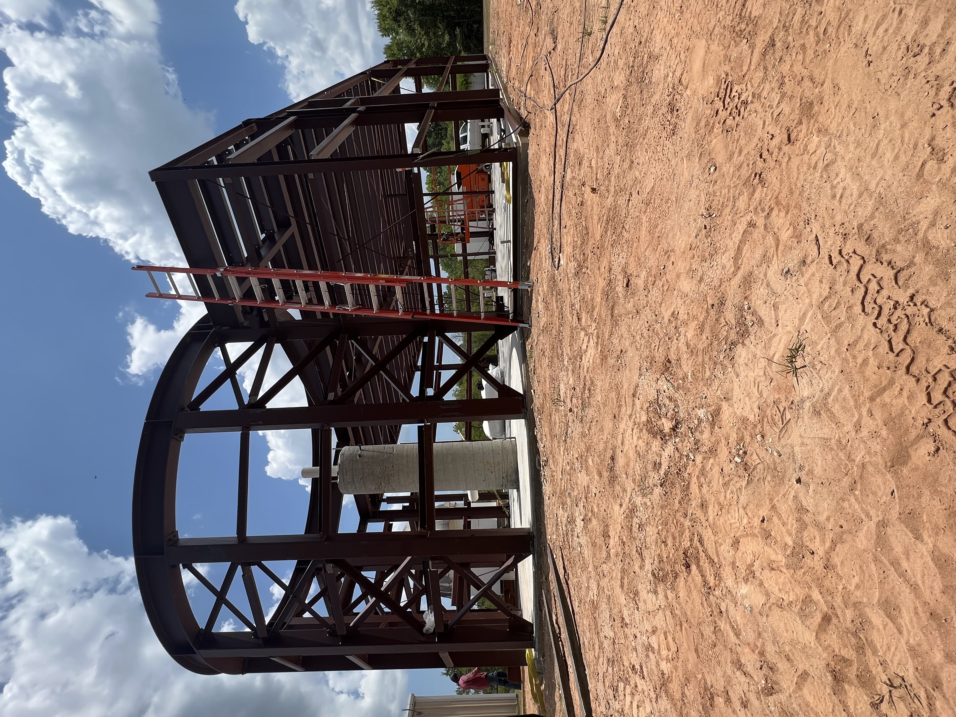 View of the observatory steel frame and curved roof section