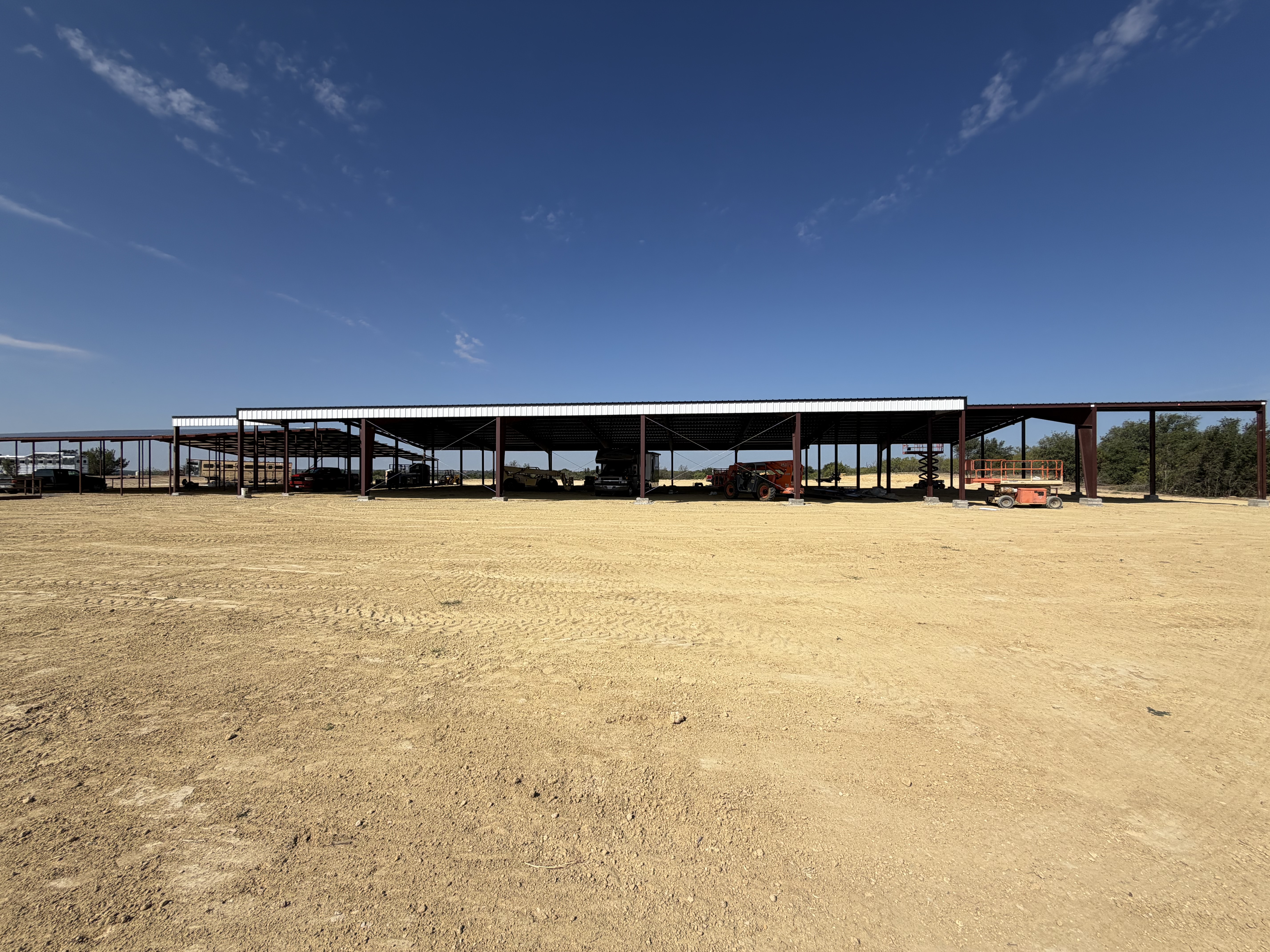 Horse riding arena steel frame under construction in Stephenville, Texas